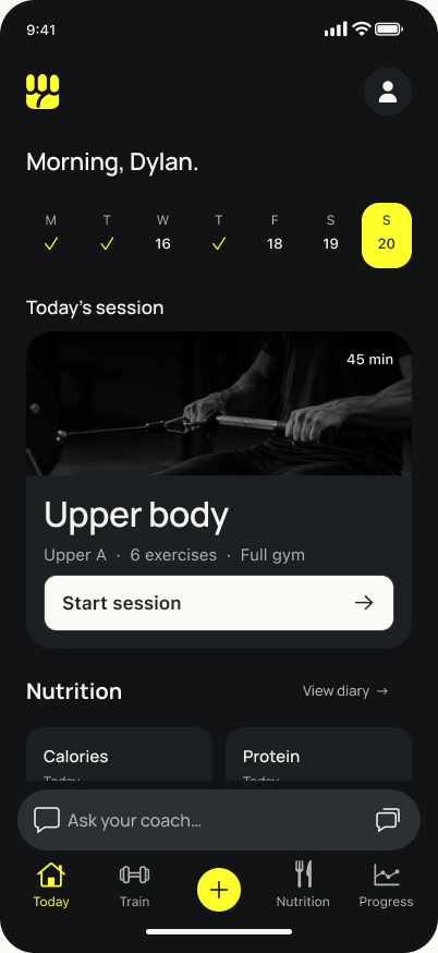 Fistbump Today screen showing a workout, nutrition summary and coach chat